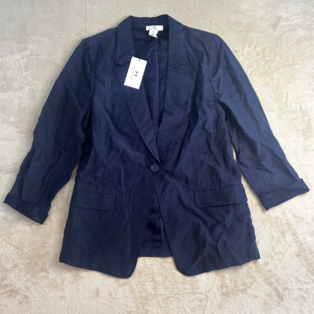 NWT Halston Womens Large Navy Blue Linen Blend Blazer Jacket Single Button Lined - Picture 2 of 8